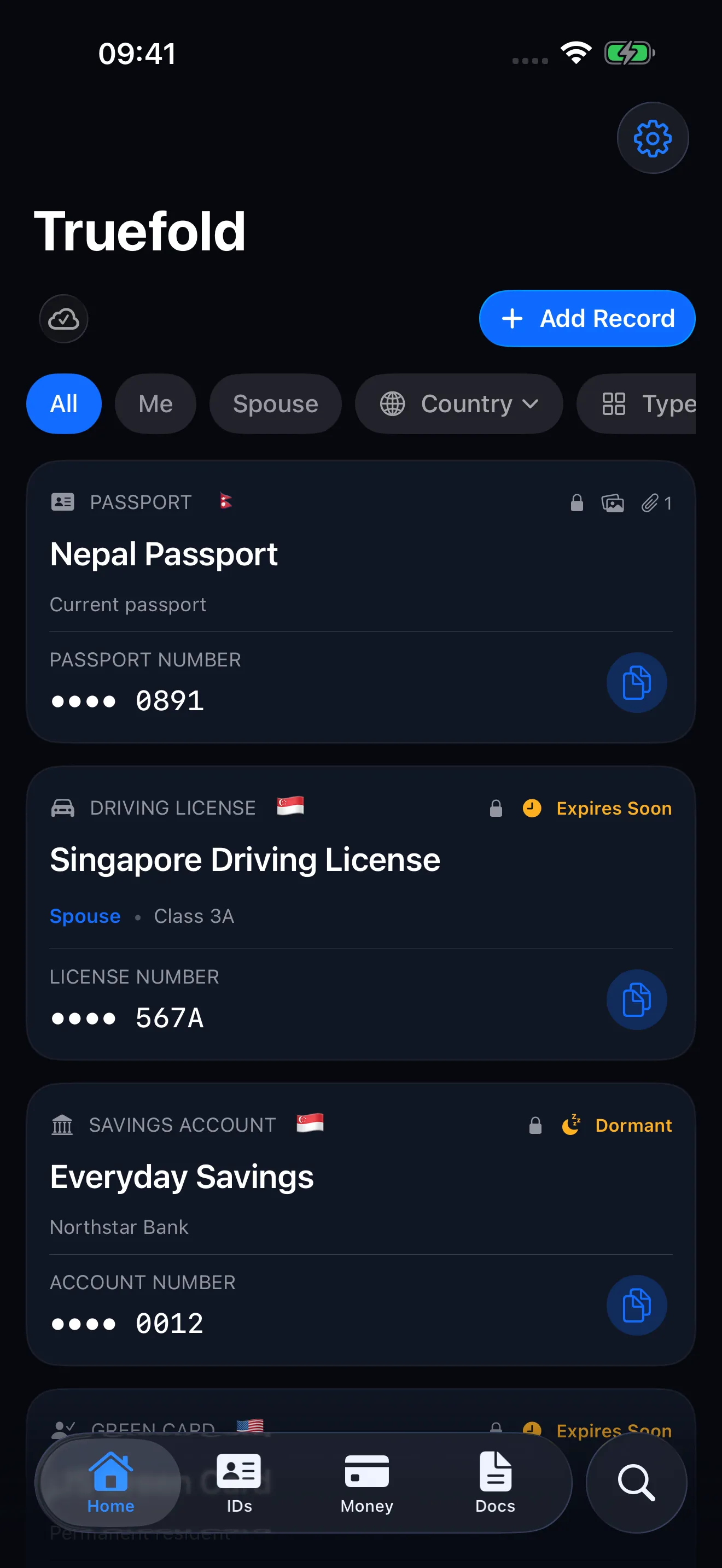 Truefold’s Home screen listing a passport, a driving license, and a savings account, each with a copy button.