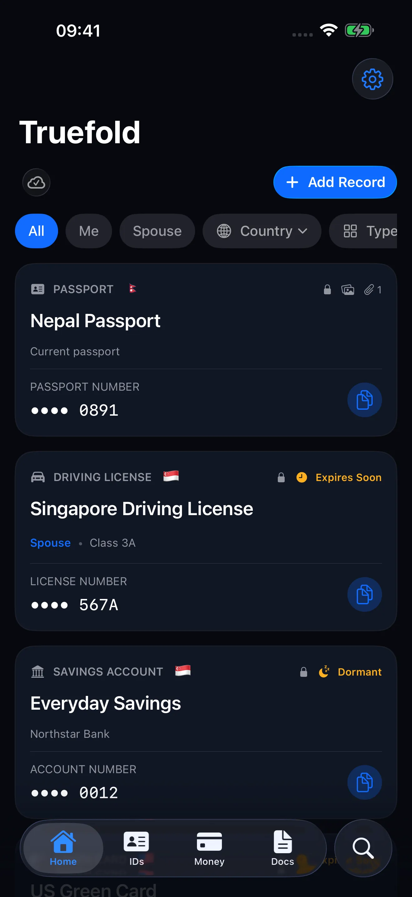Truefold’s Home screen showing passports, a driving license, and a bank account in a private iPhone vault.