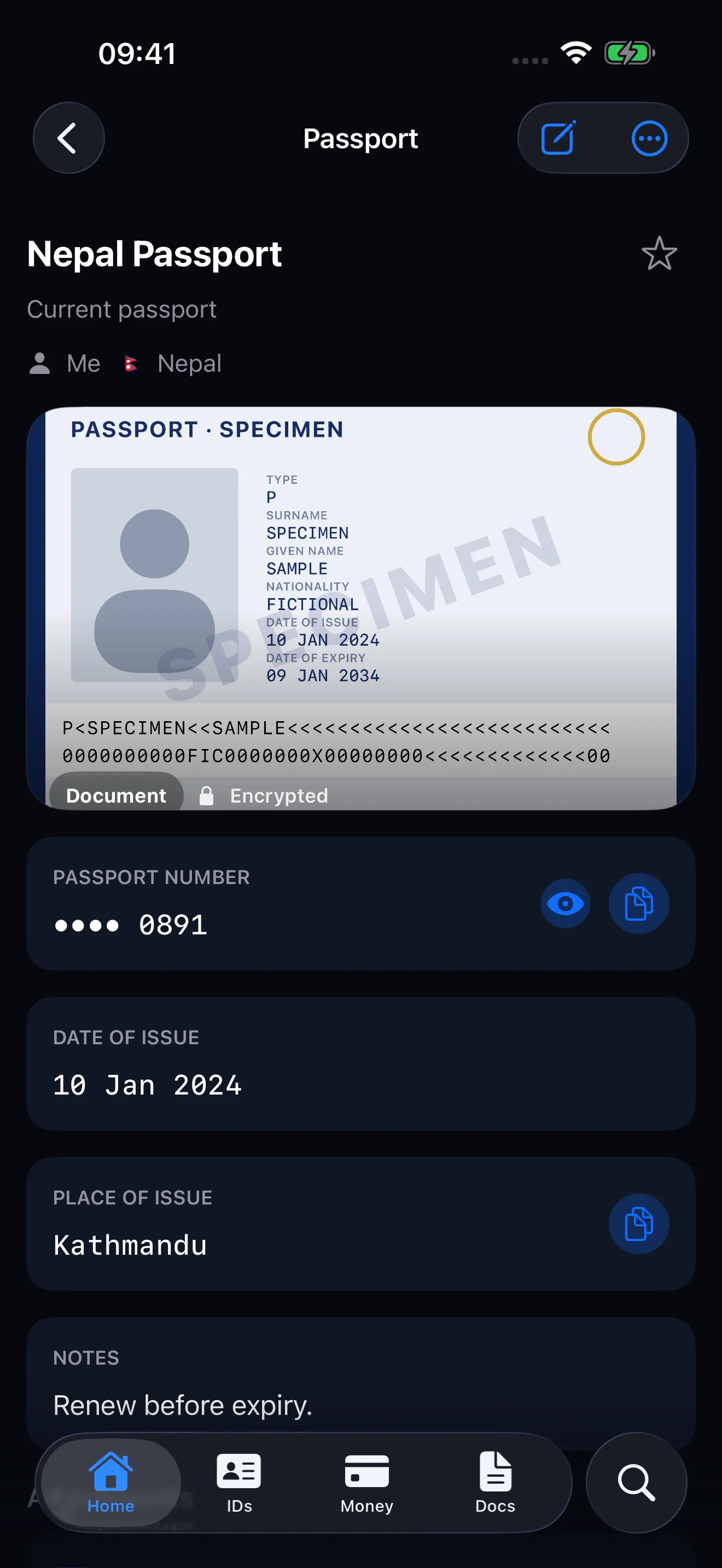 A record detail screen with masked sensitive values and copy buttons beside each field.