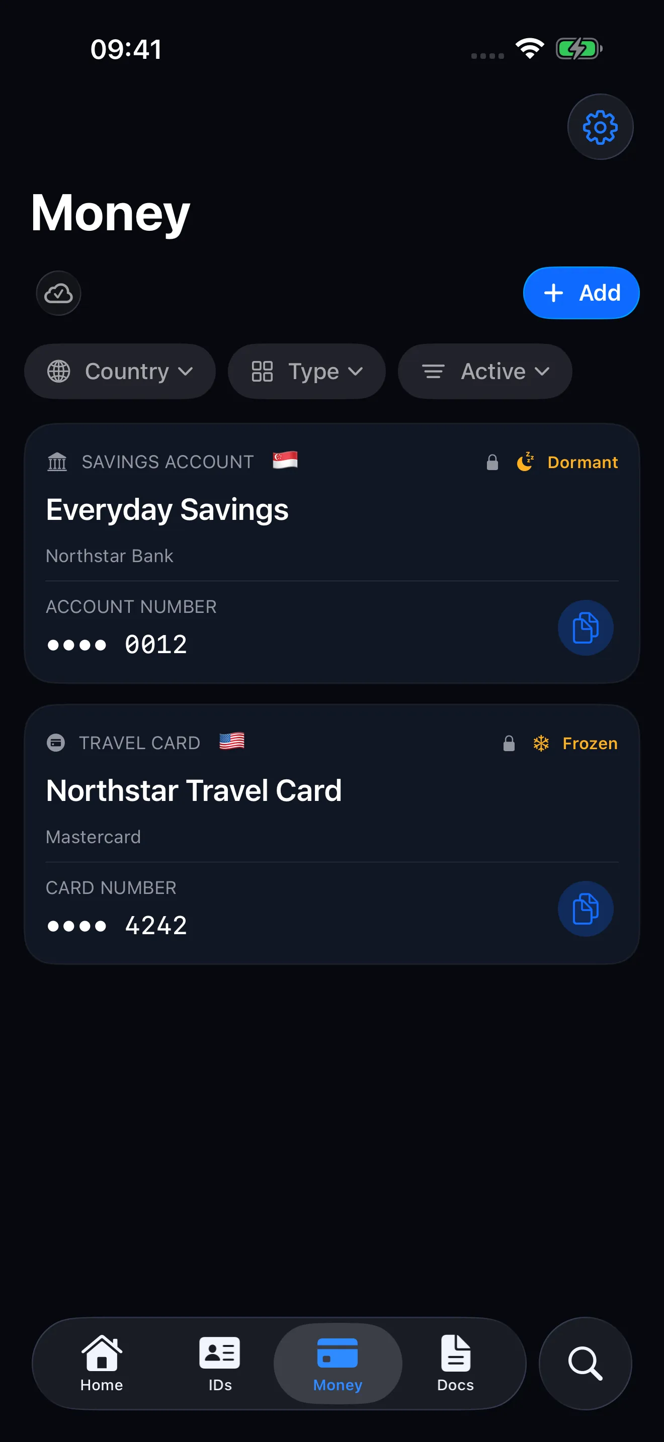 The Money tab showing bank accounts and payment cards.