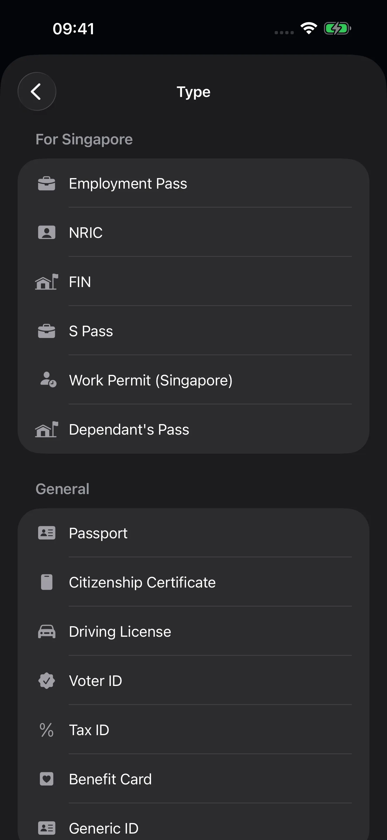 The Add Record type picker with a “For Singapore” section listing Employment Pass, NRIC, FIN, and S Pass above the general types.