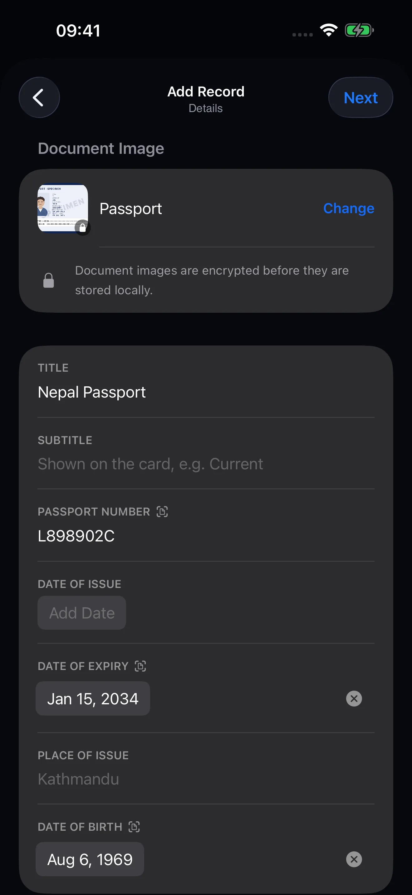 The Add Record details screen after a passport scan, with the passport number, expiry, and date of birth filled in.